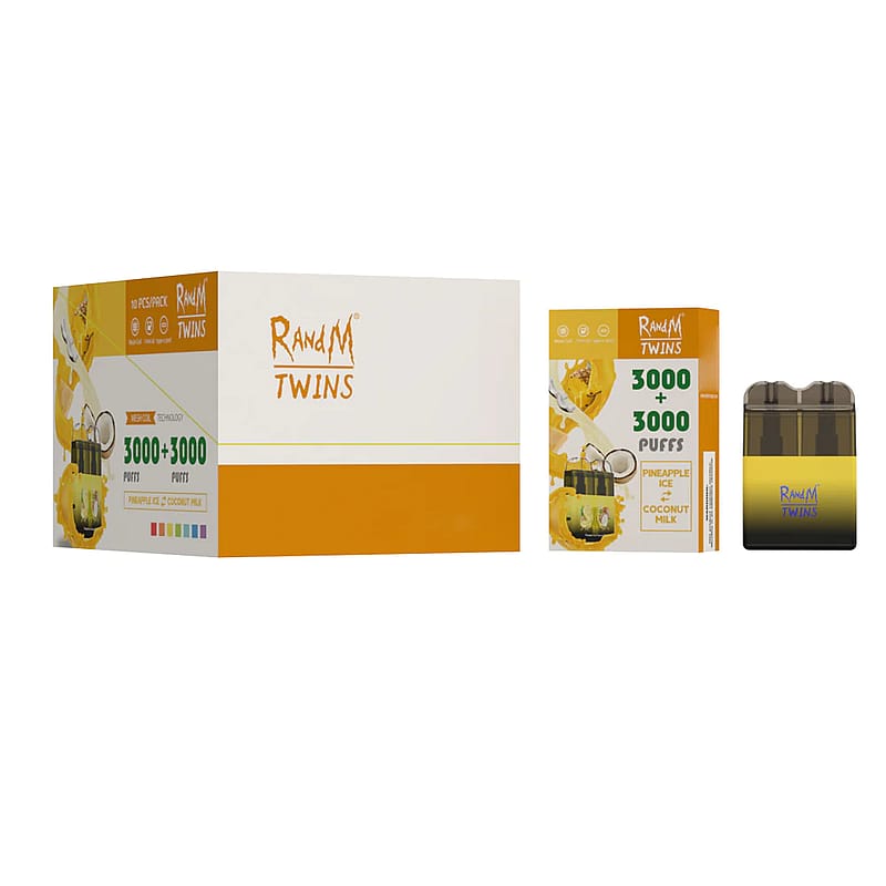 Embalaje para vape desechable “RandM Twins” con 3000+3000 bocanadas, con sabores que incluyen hielo de piña y leche de coco.