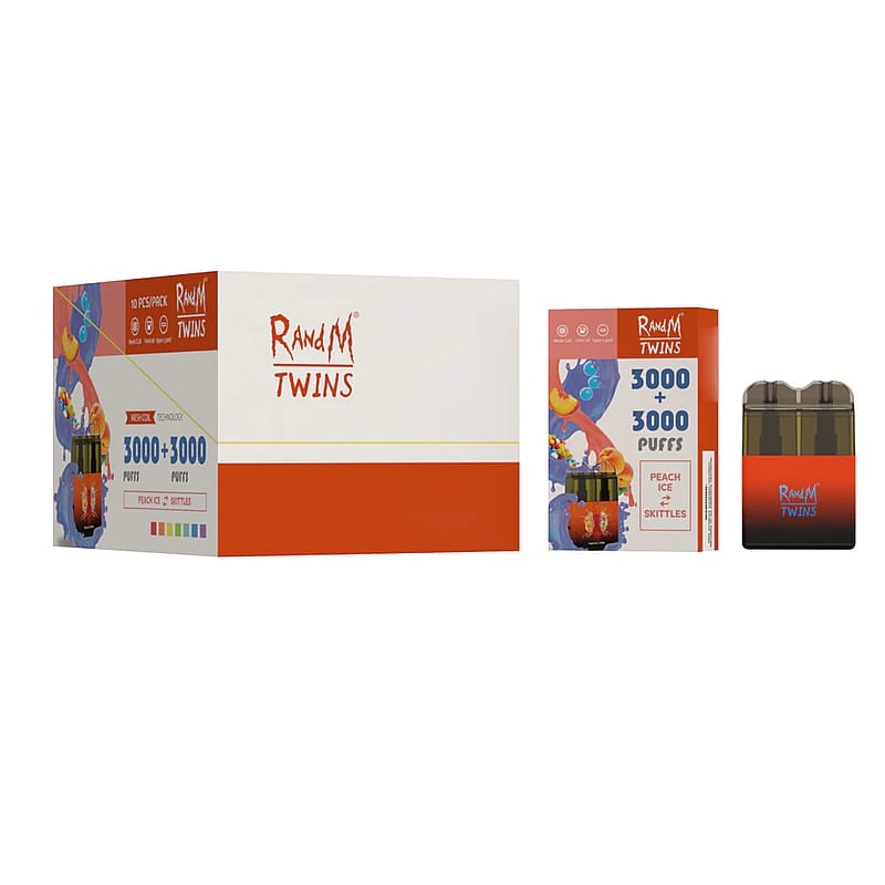 Caja y embalaje del vaporizador RandM Twins con etiqueta "3000 + 3000 Puffs", presentando un pequeño dispositivo al lado de la caja, que muestra los sabores "Peach Ice" y "Skittles".
