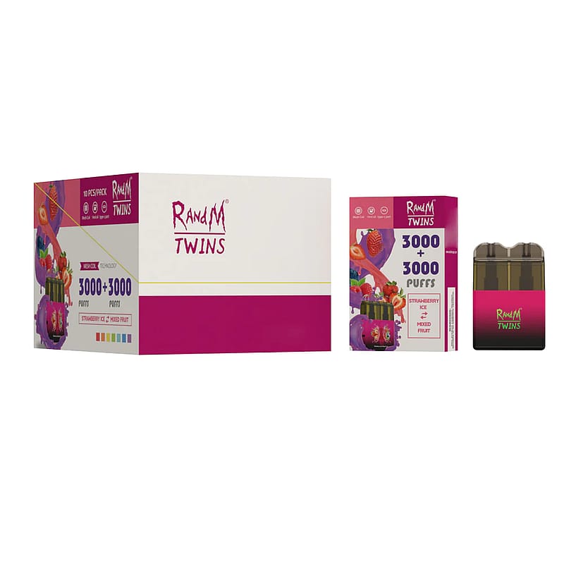 Embalaje de vaporizador desechable RandM Twins que muestra 3000+3000 bocanadas en sabores de helado de fresa y frutas mixtas.