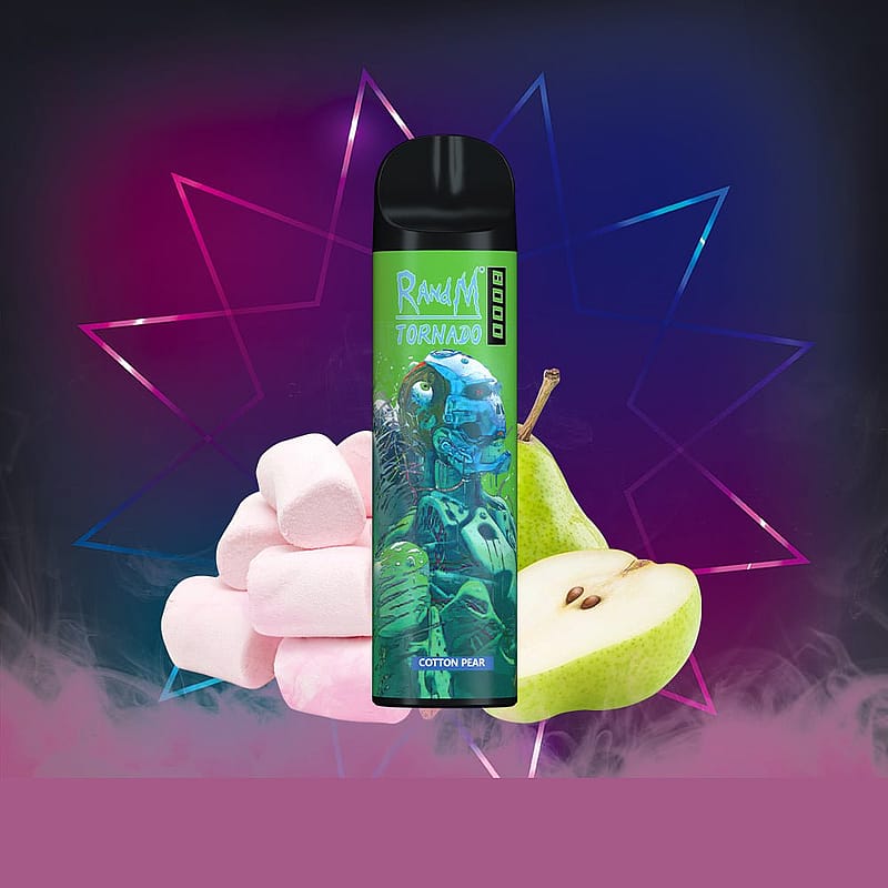 Un dispositivo per svapare etichettato "RANDOM TORNADO" al gusto di "Cotton Pear", esposto accanto a marshmallow e una pera tagliata a fette su uno sfondo geometrico colorato.