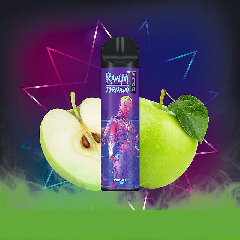 Dispositivo per svapare a forma di mela acida con confezione a tema neon, raffigurante un personaggio futuristico, su uno sfondo vivace con mele verdi.