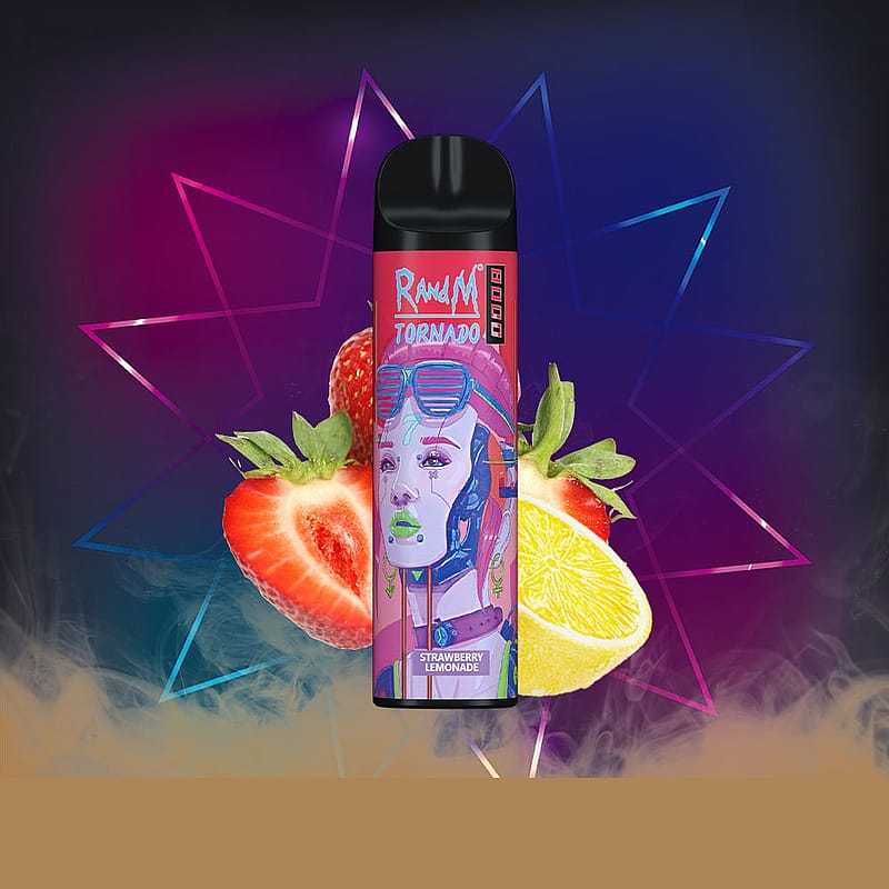 Un dispositivo per svapare dal design colorato raffigurante un personaggio femminile stilizzato, con l'etichetta "Tornado Strawberry Lemonade", circondato da immagini di fragole e una fetta di limone su uno sfondo geometrico vivace.