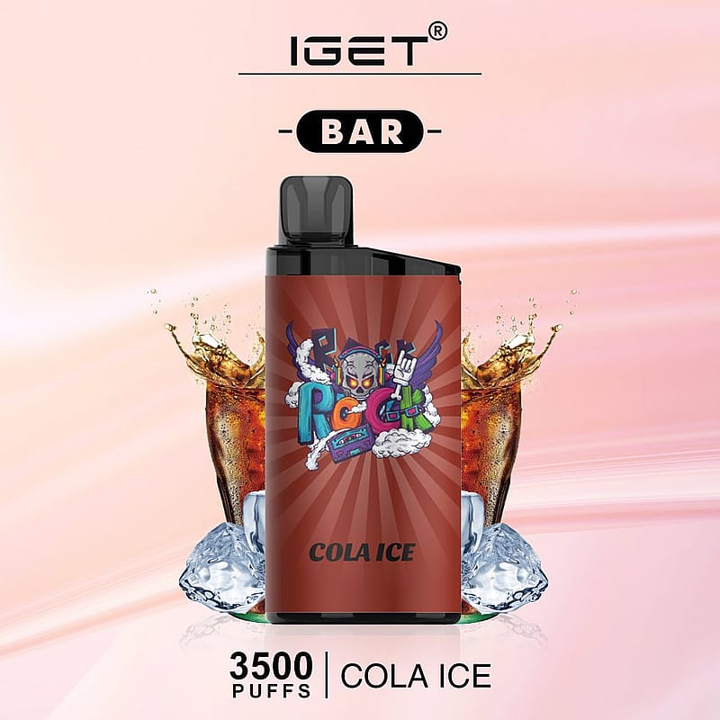 IGET BAR disposable vape with 3500 puffs in Cola Ice flavor, featuring a colorful cartoon design on the front.