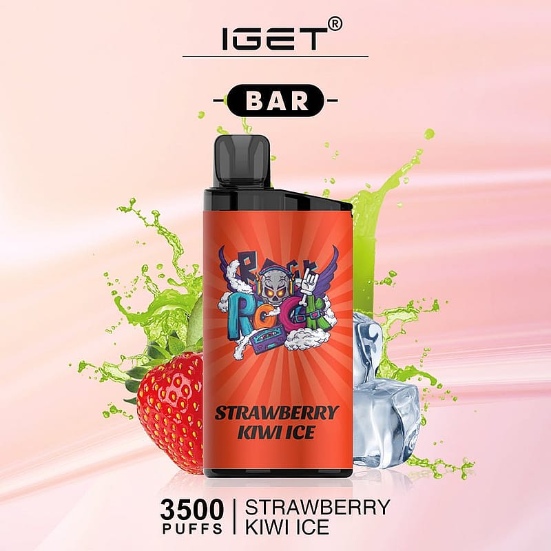 IGET Bar vape with "Strawberry Kiwi Ice" flavor, 3500 puffs capacity, orange design with fruit and ice graphics.