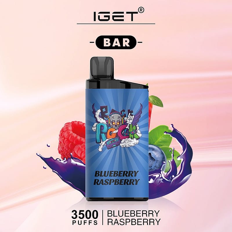 IGET BAR vape device with "Blueberry Raspberry" flavor and 3500 puffs, featuring a colorful graphic of a character on the front.