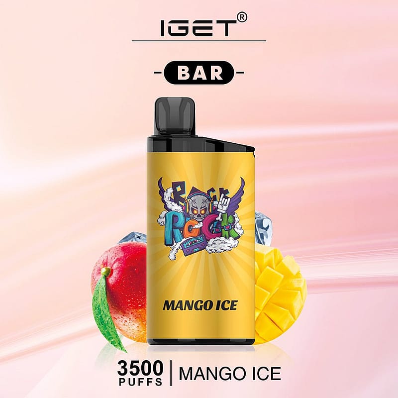 A yellow IGET BAR vape device with "Mango Ice" flavor, featuring 3500 puffs, illustrated with mango slices, ice, and a colorful graffiti-style design.
