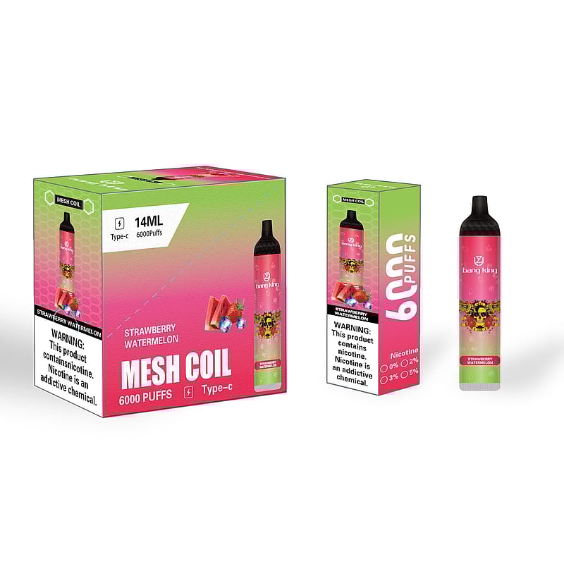 Packaging and product image of a "Strawberry Watermelon" flavored vape with 6000 puffs, 14ml capacity, and Type-C charging, featuring colorful branding and health warnings.