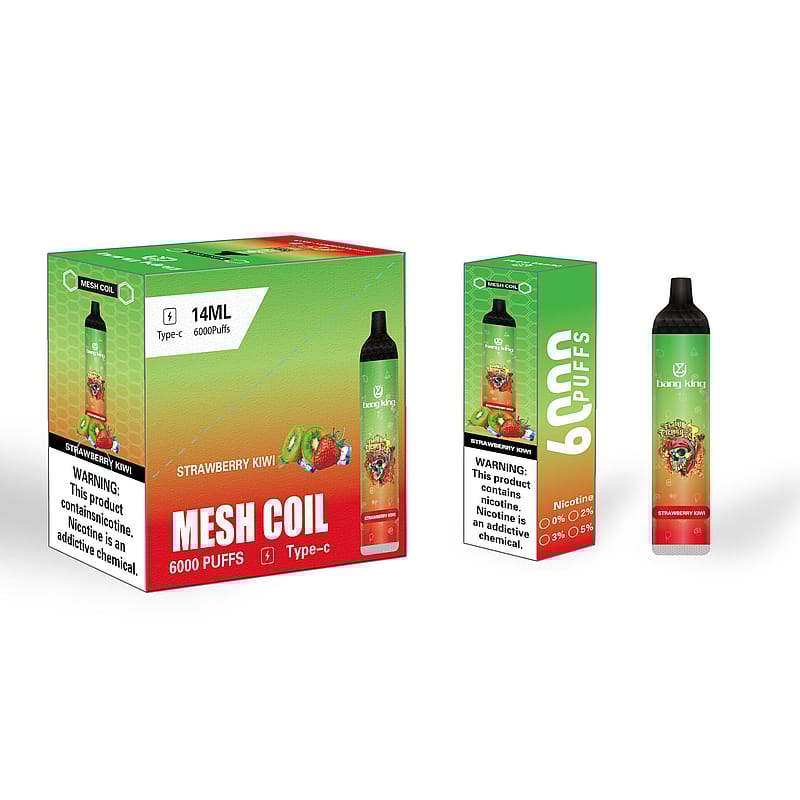 Packaging and a vape device labeled "Strawberry Kiwi," featuring "6000 puffs," "14ML," and "Mesh Coil" with nicotine warnings.