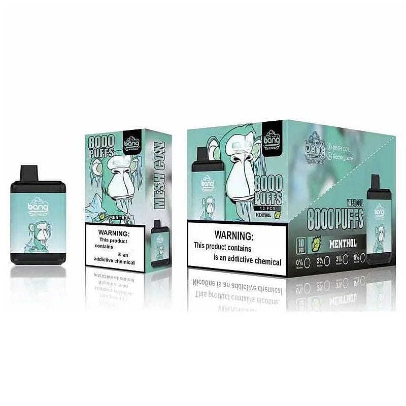 Vape för engångsförpackning med "8000 Puffs", "Menthol" och en apamaskot. Varningsetiketten säger: "Denna produkt innehåller en beroendeframkallande kemikalie."