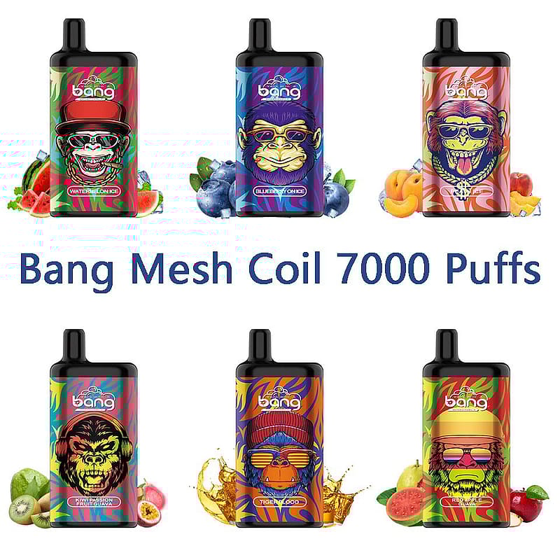 Bang Mesh Coil 7000 Puffs disposable vapes with colorful designs featuring various stylized animal faces, each corresponding to different fruit flavors like watermelon, blueberry, kiwi, tiger's blood, and guava.