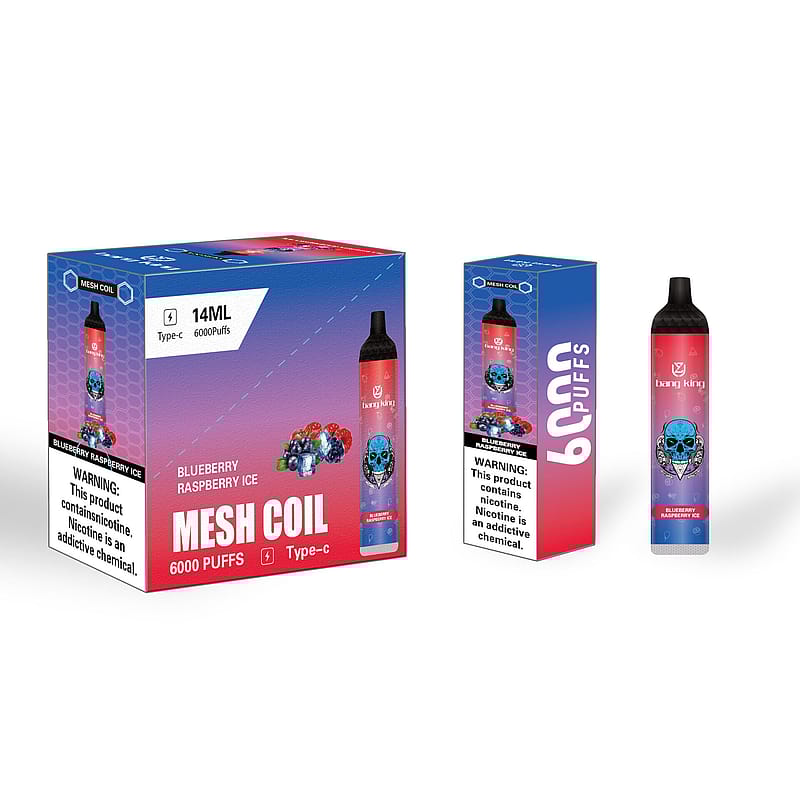 Packaging and product image of a vaping device with the text "Blueberry Raspberry Ice," "Mesh Coil," "6000 Puffs," "14ML," "Type-C," and a skull design on the device. The packaging includes a nicotine warning label.
