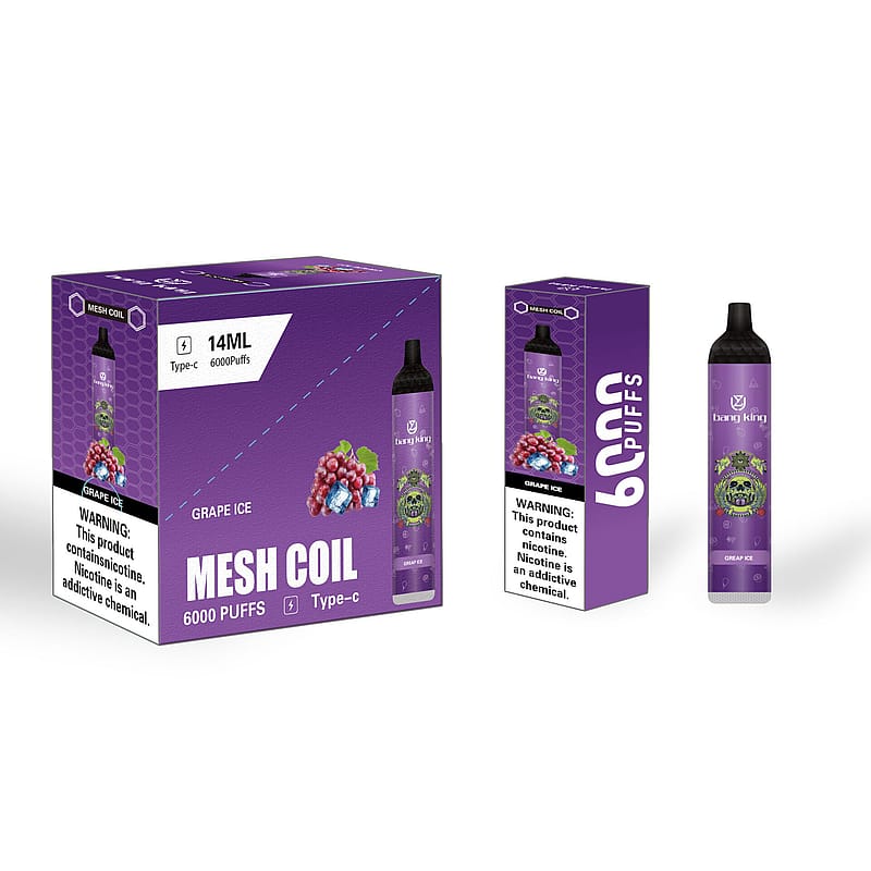 Packaging and product of a "Grape Ice" flavored mesh coil vape, labeled as "6000 puffs" with "14ML" capacity and Type-C charging.