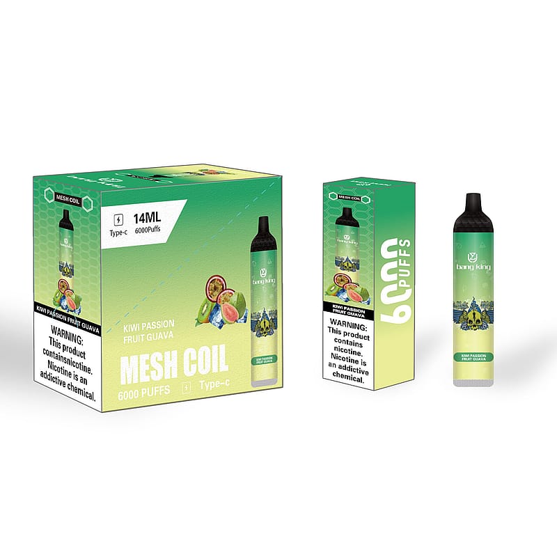 Packaging and a disposable vape device labeled "Bang King" with a flavor of Kiwi Passion Fruit Guava, featuring 6000 puffs, 14ml capacity, and a warning about nicotine.