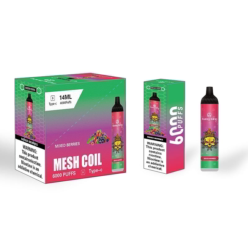 "Packaging and a vape device for a Bang King product with mixed berries flavor, labeled as 6000 puffs with 14ml capacity and mesh coil technology."