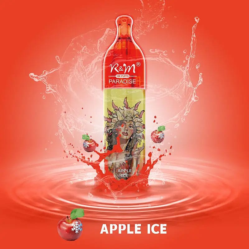 Une vape jetable rouge et jaune étiquetée « R&M Paradise Apple Ice » avec un effet splash et des graphismes de pomme.