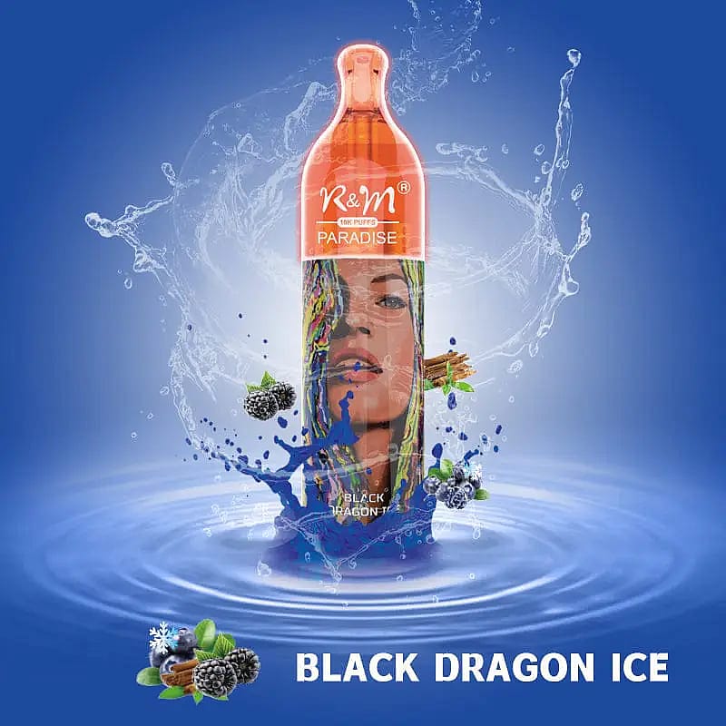 Un stylo à vape coloré étiqueté « R&M Paradise » avec une touche d'eau et de mûres, comportant le texte « Black Dragon Ice ».