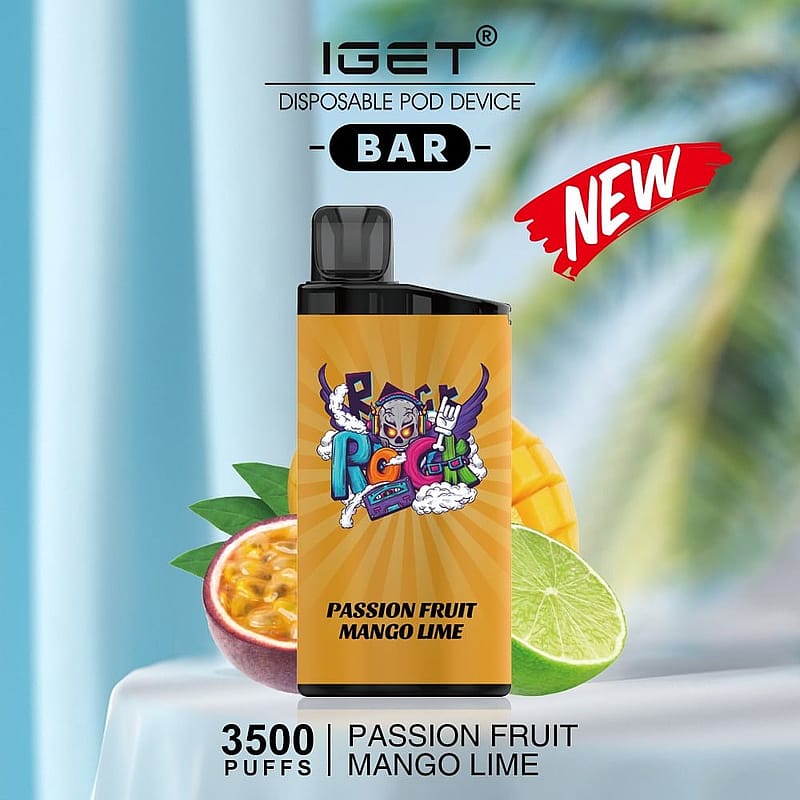 IGET disposable vape pod device in "Passion Fruit Mango Lime" flavor with 3500 puffs capacity, featuring vibrant fruit imagery and colorful branding.