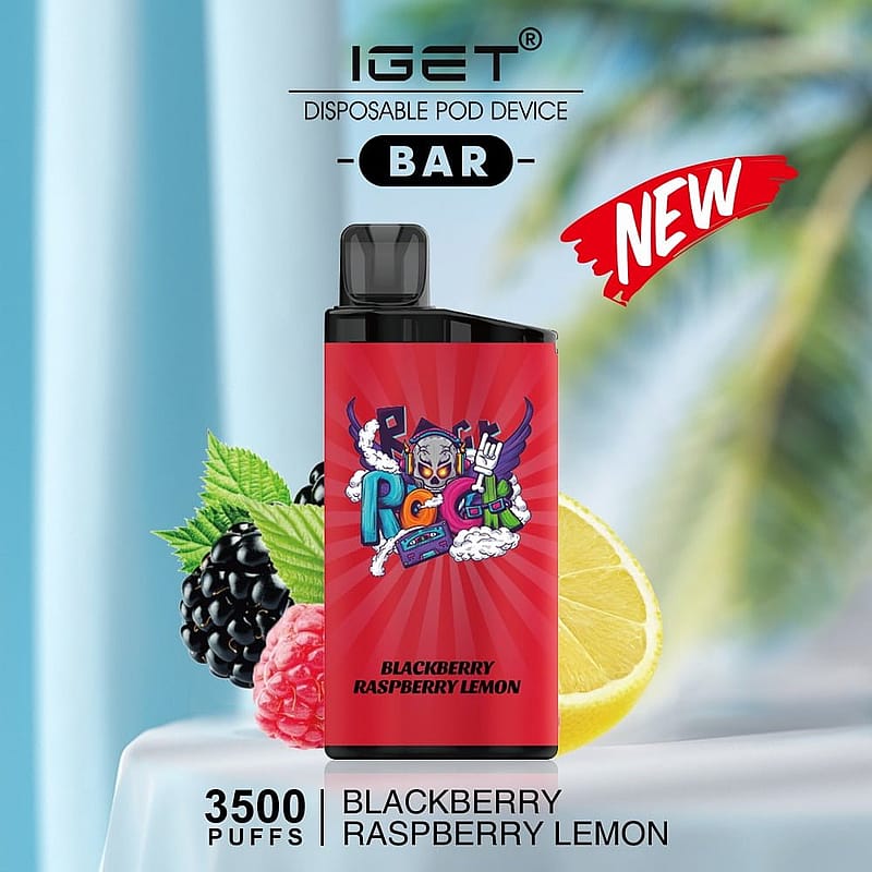 IGET disposable pod device, red color, featuring the "Blackberry Raspberry Lemon" flavor with 3500 puffs, displayed with images of blackberries, raspberries, and a lemon slice in the background.
