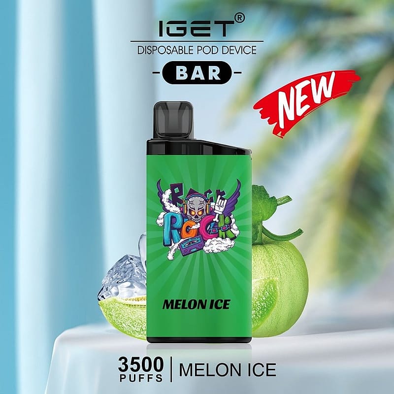 IGET disposable pod device with a "Melon Ice" flavor, offering 3,500 puffs. The device features a green design with "Rock" themed graphics and is labeled as "new."