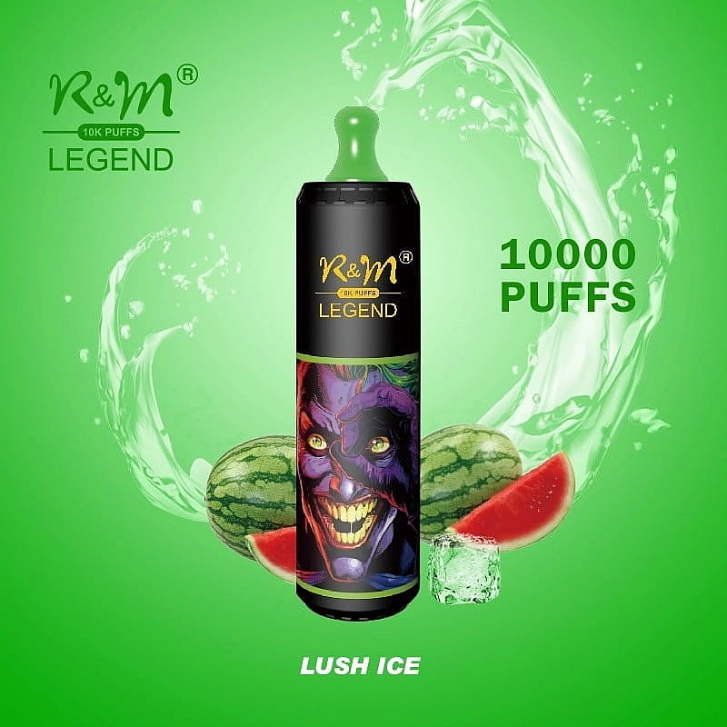 R&M Legend vape-enhet med 10 000 puffar, frodig issmak, med en grön bakgrund med vattenmelonskivor och isbitar.