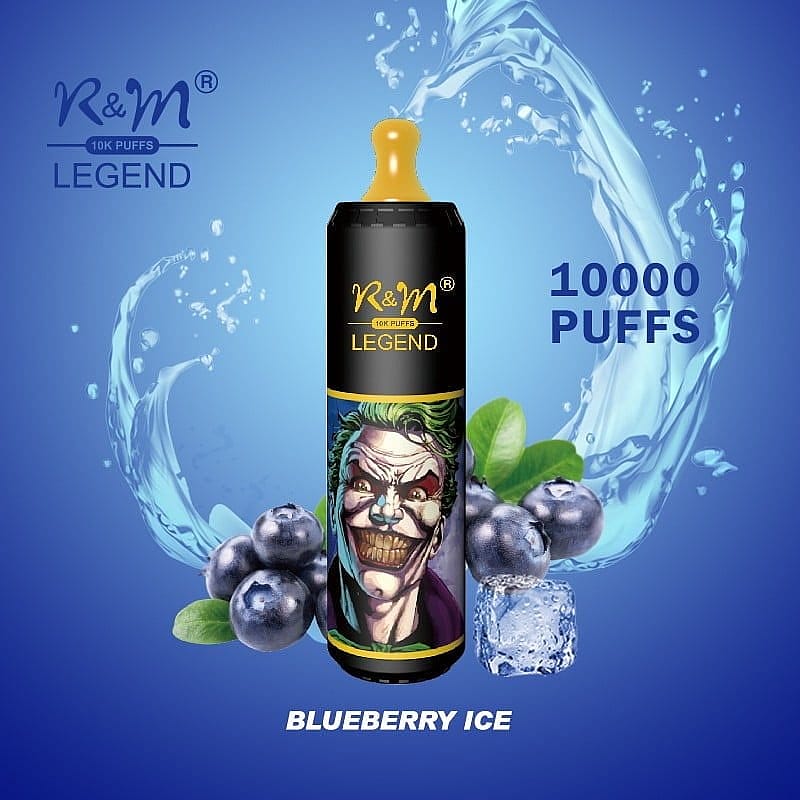 R&M Legend vape med 10 000 puffar i Blueberry Ice-smak, med en illustrerad karaktär med grönt hår och ett otäckt flin på enheten.
