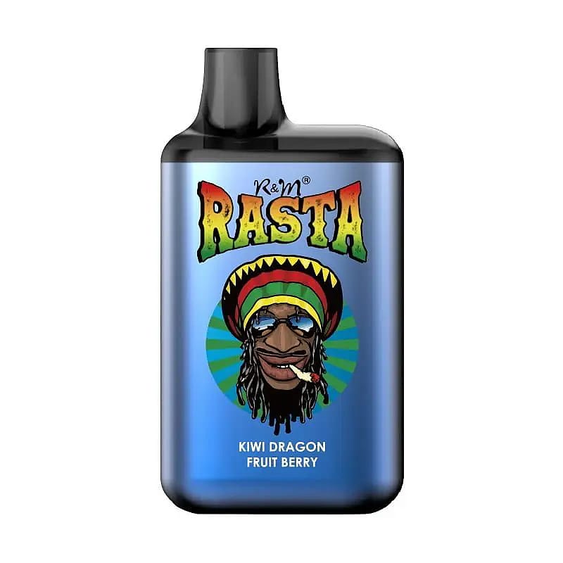 En disponibel vape-enhet märkt "Rasta" med en illustration av en man som bär en Rasta-hatt och solglasögon, och text med texten "Kiwi Dragon Fruit Berry."