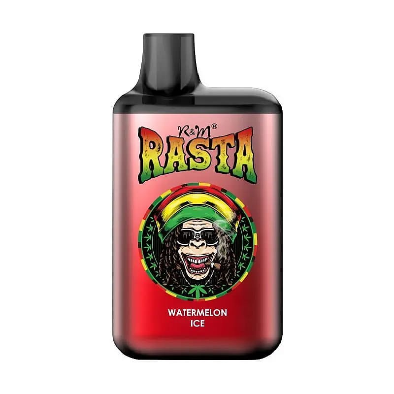 Vapeapparat med Rasta-tema med röd bakgrund, med en seriefigur som bär en grön, gul och röd hatt, röker och texten "R&M Rasta Watermelon Ice."