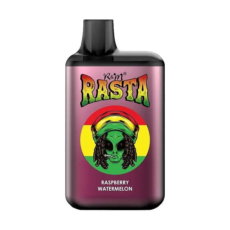 En vape-enhet märkt "Rasta" med en bild av ett grönt främmande huvud som bär en rastahatt och dreadlocks, på en röd, gul och grön bakgrund, och "Raspberry Watermelon"-smaktext längst ner.