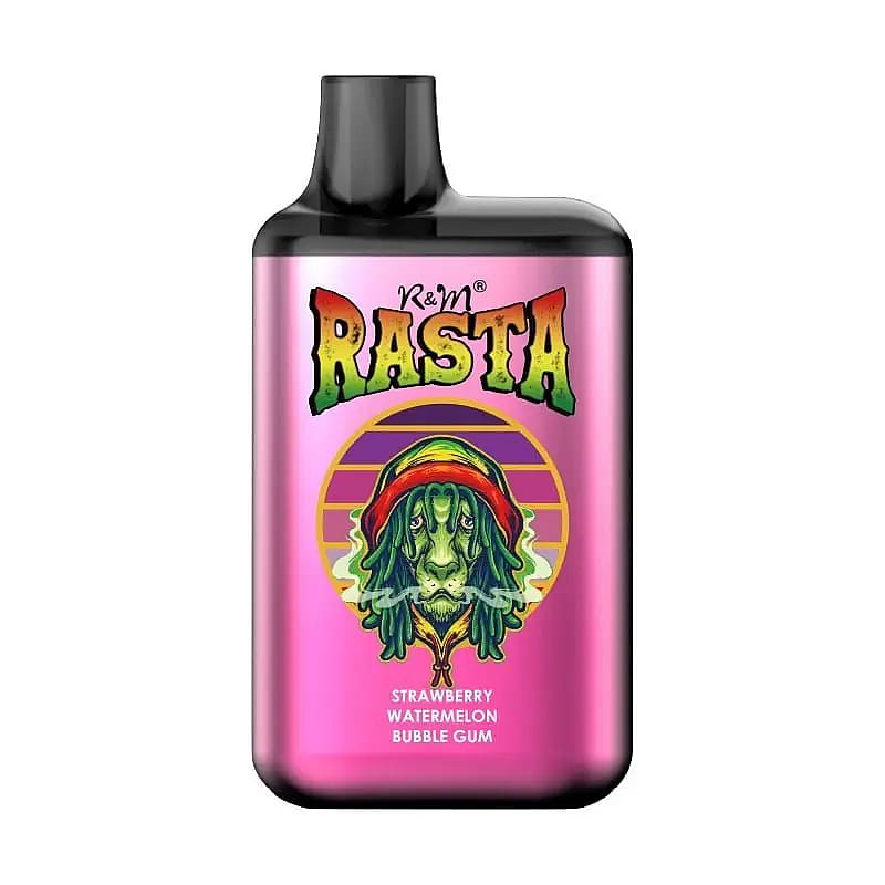 Rosa vape-enhet märkt "R&M Rasta", med en illustration av en grön karaktär med dreadlocks och en röd huva, och text som indikerar "Strawberry Watermelon Bubble Gum"-smak.