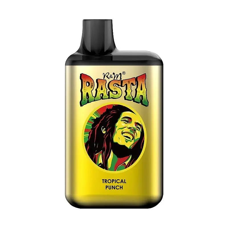 En gul vape-enhet med texten "R&M Rasta" och en illustration av en leende person med dreadlocks, märkt "Tropical Punch".