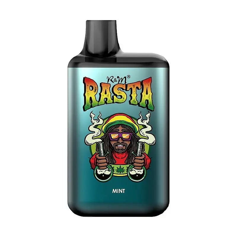 En vape-enhet med mintsmak med ett "Rasta"-tema, med en illustration av en karaktär med dreadlocks, bär mössa, solglasögon och håller i pipor.