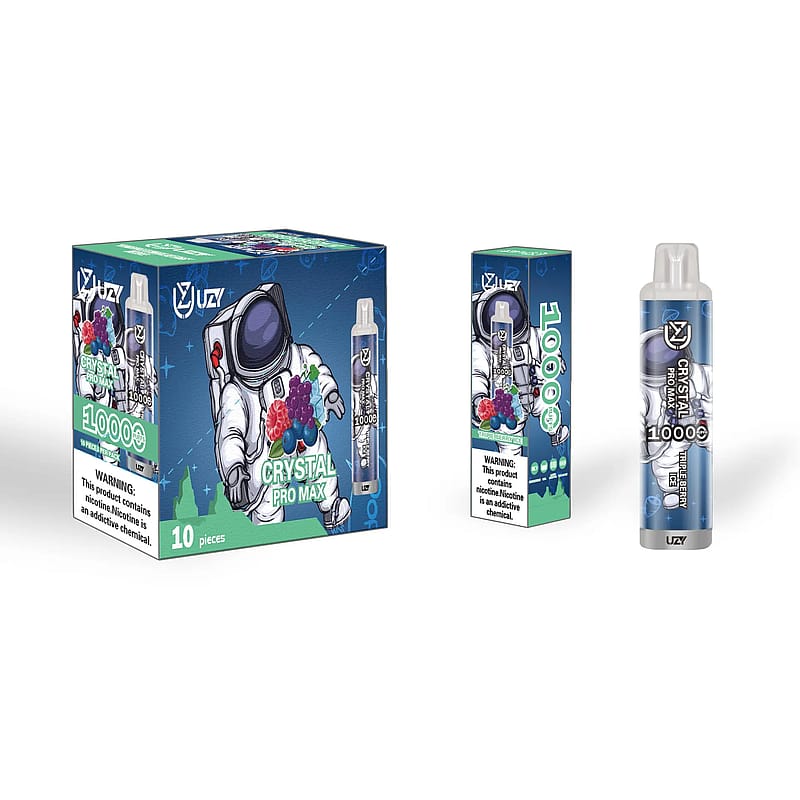 En YJZ Crystal Pro Max engångsvape med förpackning med en astronautdesign som visar blandade bär på en blå och grön bakgrund.