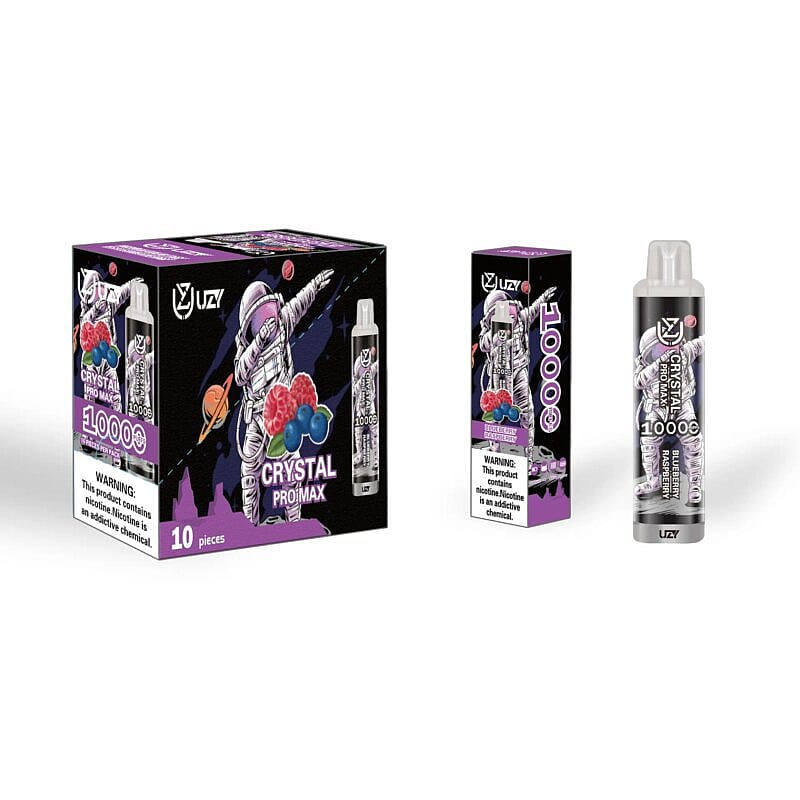 Emballage de la vape jetable UZY Crystal Pro Max 10000 comportant une illustration d'astronaute, des images de saveurs de framboise et de myrtille et une étiquette d'avertissement sur la teneur en nicotine.