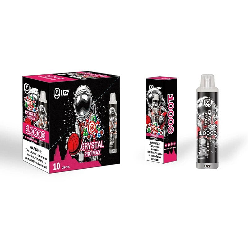 Emballage de la vape jetable « Crystal Pro Max » avec un graphisme d'astronaute, comportant « 10 000 » bouffées et un avertissement sur la teneur en nicotine.