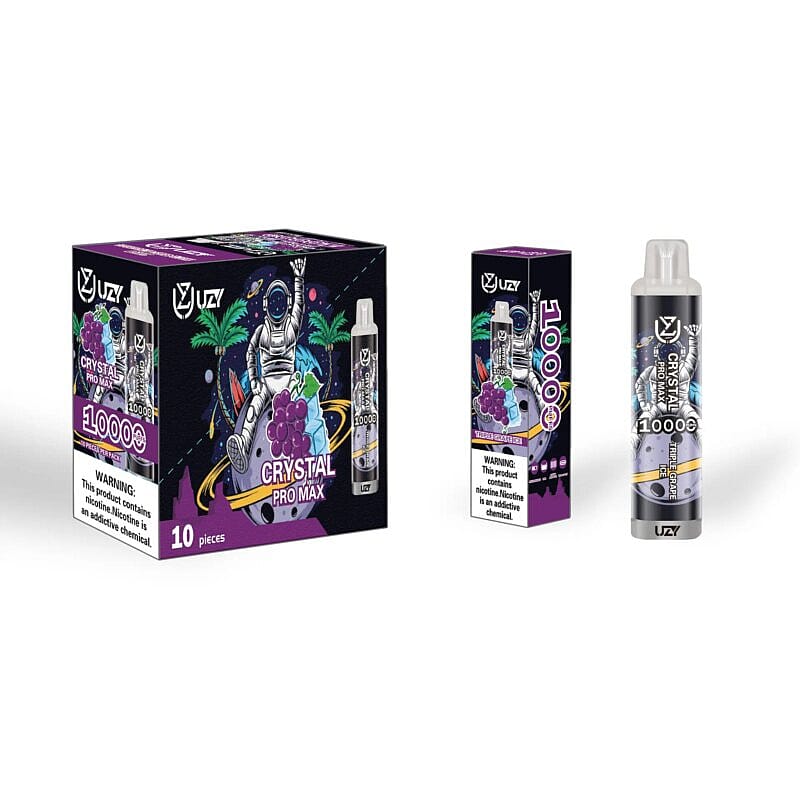 Emballage pour vape jetable UZI Crystal Pro Max présentant un design d'astronaute futuriste avec des raisins et un palmier, étiqueté « 10 000 bouffées » et un avertissement sur la nicotine.