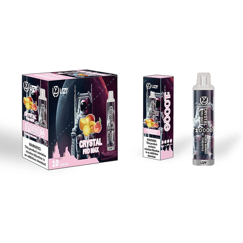 Förpackning och en vape-enhet märkt "Crystal Pro Max 10000" med en bild av frukt och en design med rymdtema.
