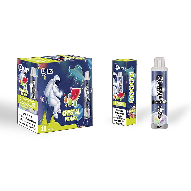 Förpackning och en enda vape-enhet för "Crystal Pro Max" med en design med rymdtema med en astronaut och fruktikoner. Paketet framhäver "10000" bloss och innehåller en nikotinvarning.