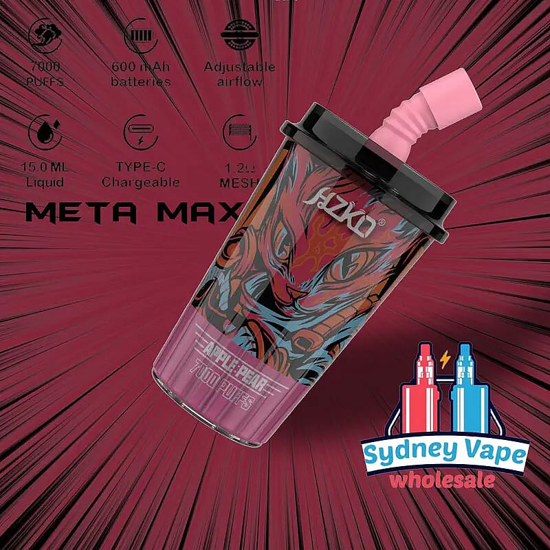 "Meta Max vape-enhet med en drakedesign, märkt 'Apple Pear 7000 Puffs', med ikoner för 7000 puffar, 600 mAh batteri, justerbart luftflöde, 15,0 mL vätska, Type-C laddningsbar och 1,2Ω mesh; Sydney Vape Wholesale-logotyp i det nedre högra hörnet."
