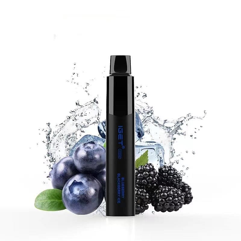 Vape device with a "Blueberry Blackberry Ice" flavor, surrounded by blueberries, blackberries, ice, and water splashes.