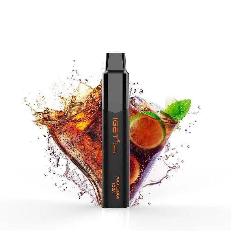 A black vape device labeled "IGET" with a flavor text "Cola Lemon Soda" is positioned in front of splashing cola and lemon slices.