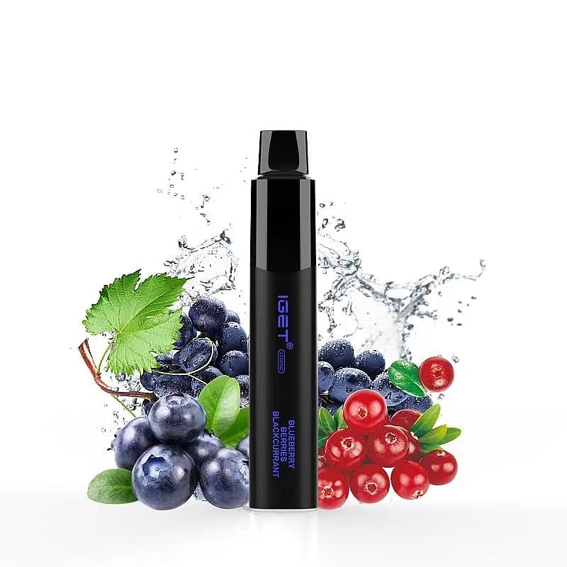 A black vape device labeled "IGET" with blueberry, grape, and red currant fruits splashing in water in the background.