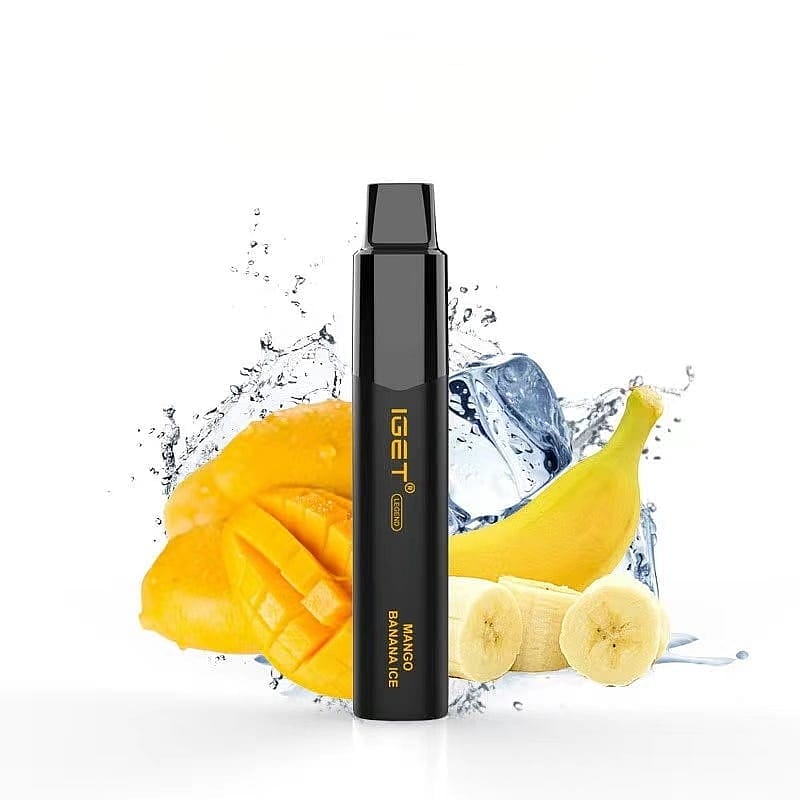 A black IGET vape device with mango and banana slices splashing in water behind it. The flavor is labeled "Mango Banana Ice."
