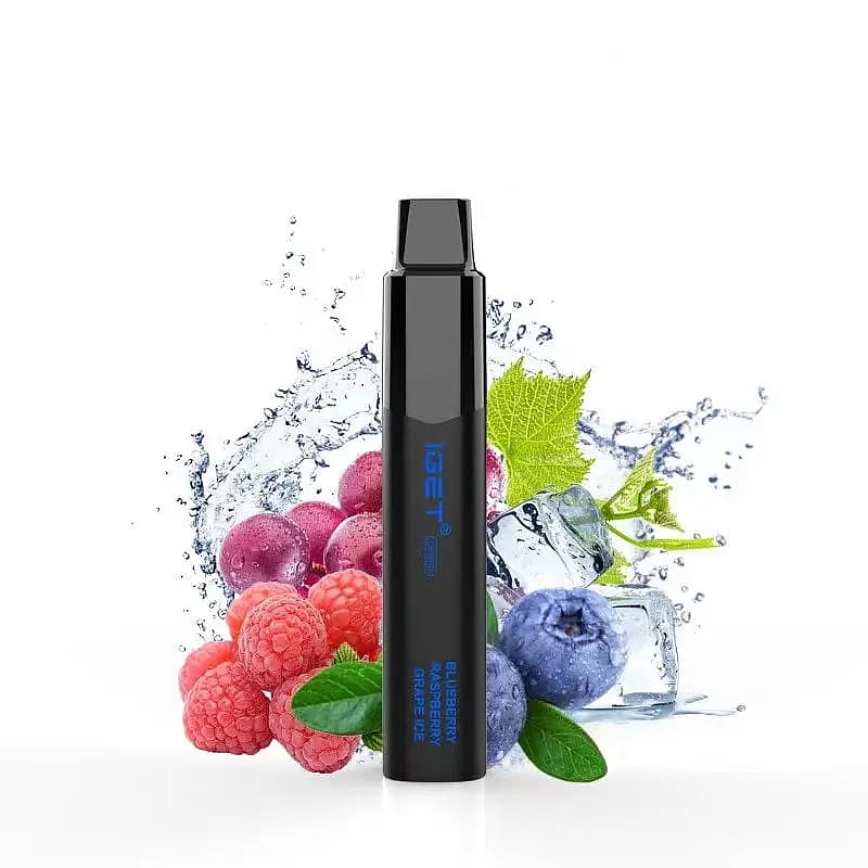 Disposable vape pen with a black body and fruit flavors, including blueberry, raspberry, and grape, shown with water splash and ice cubes in the background.