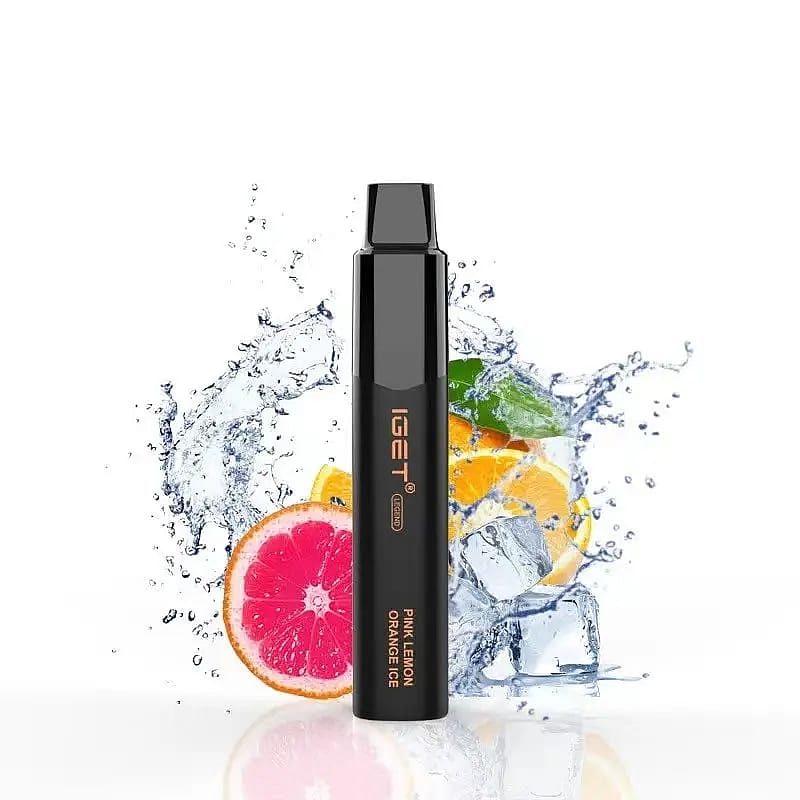 Vape device labeled "IGET" with fruit slices and splashing water in the background.