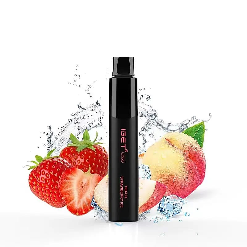 Black vape pen with "IGET" branding, surrounded by splashing water, strawberries, peach, and ice cubes.
