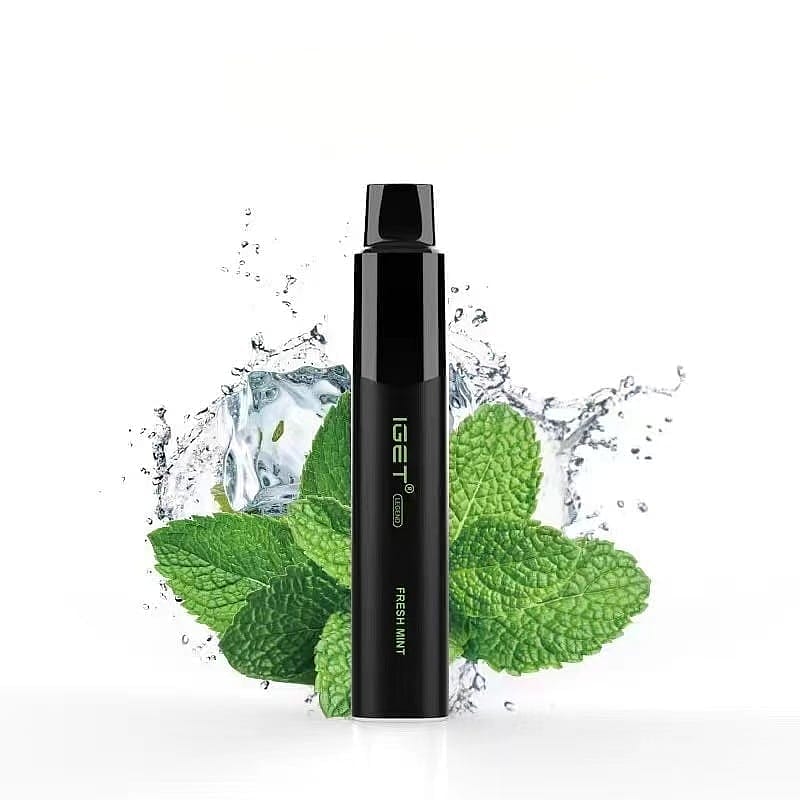 A black IGET vape with "FRESH MINT" flavor text, surrounded by mint leaves and splashing water.