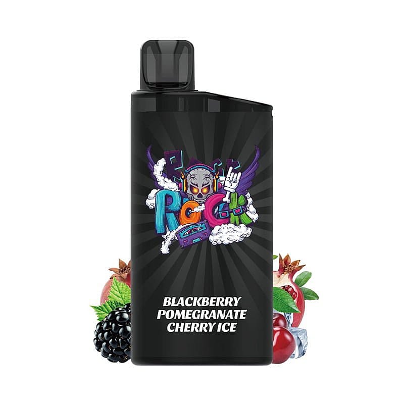 Black vape device with colorful graffiti-style artwork, featuring the flavor "Blackberry Pomegranate Cherry Ice" and illustrations of blackberries, pomegranate, cherries, and ice cubes.