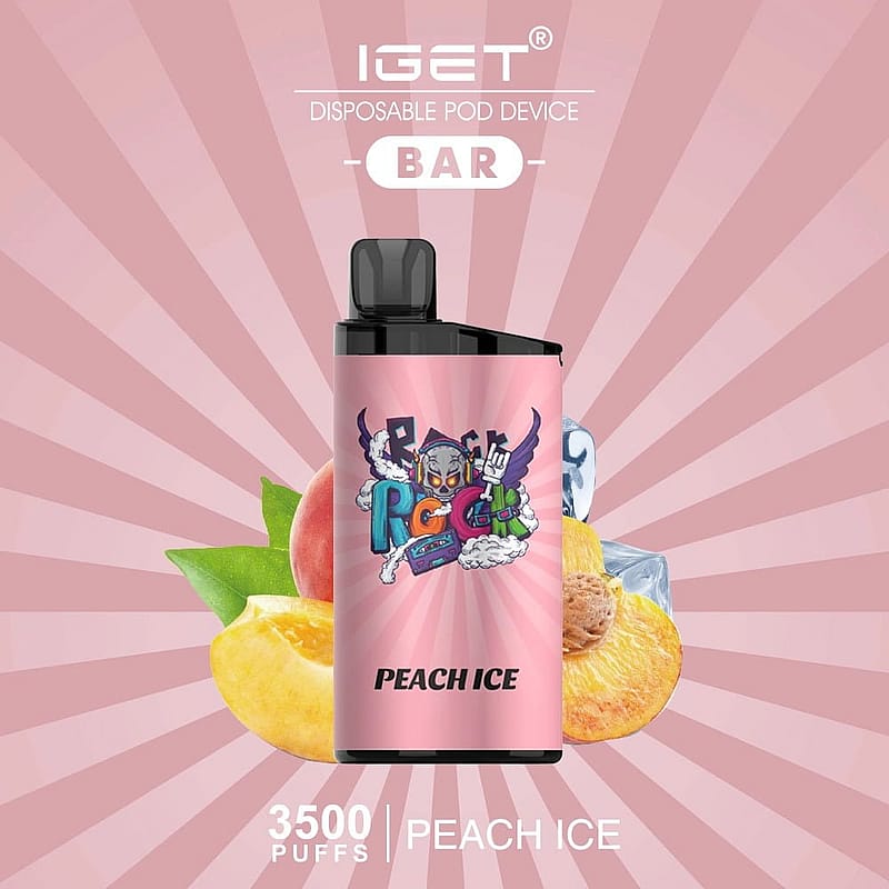 Disposable vape device with "IGET" branding, labeled "PEACH ICE" with an illustration of peaches and ice cubes. Text indicates "3500 puffs."