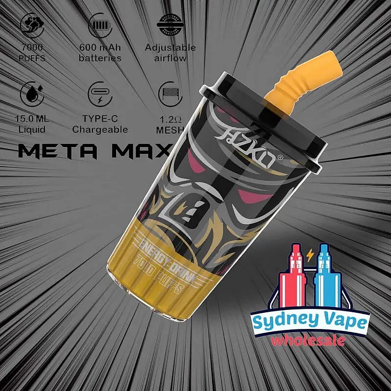Vapeapparat för engångsbruk med 7000 puffar, 600mAh batteri, justerbart luftflöde, 15,0 ml vätskekapacitet och Type-C-laddning, märkt "Meta Max."