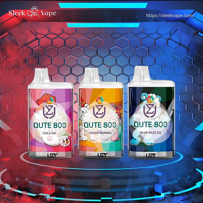 Three QUTE 800 vape devices in different flavors: Cola Ice, Mixed Berries, and Blue Razz Ice, displayed against a hexagonal background with red and blue lighting.